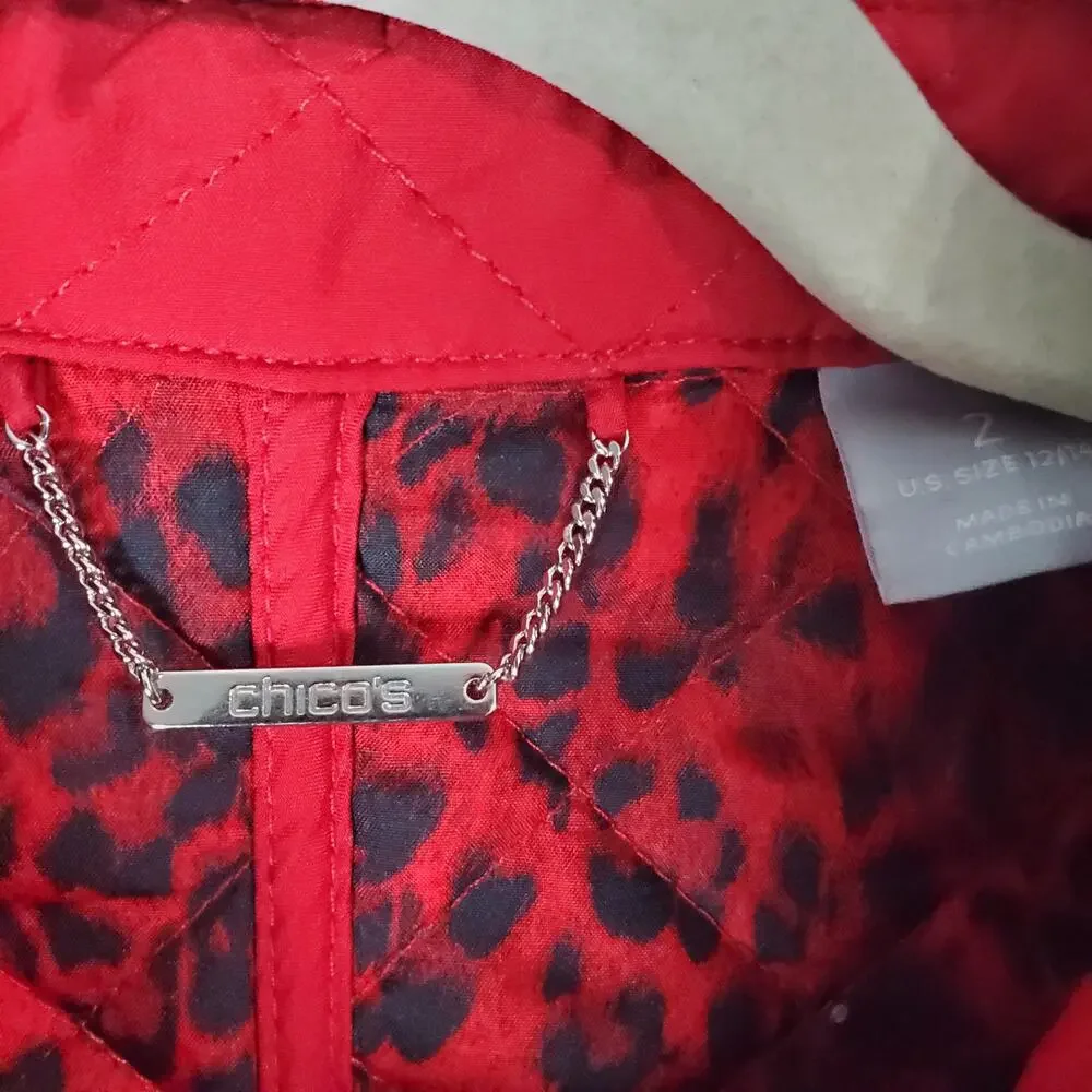 Chico's Womens Red Modern Quilted Jacket Animal Print Lined Pockets Size 2 Large